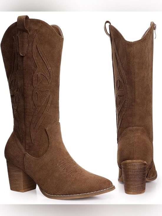 Shibever Shoes - Women's Brown Suede Western Ankle Boots with Block Heel